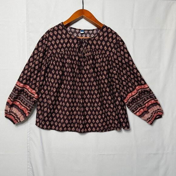 Old Navy Long Ballon Sleeve Smocked Brown Printed Poet Peasant Blouse Size Large - Picture 6 of 14